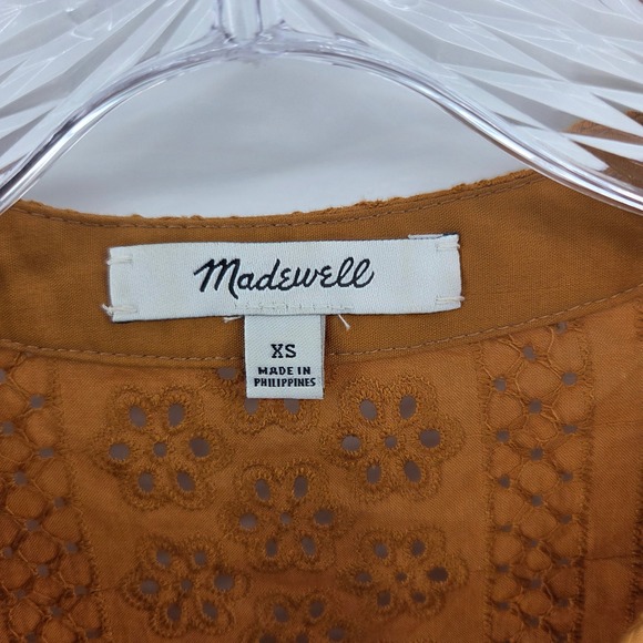 Madewell Eyelet Blouse XS Mustard Yellow Tie Neck Puff Sleeve Boho Eclectic - Picture 4 of 7